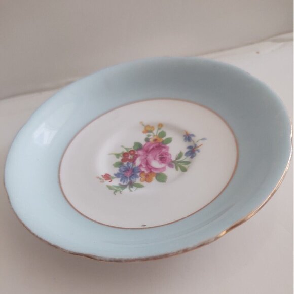 Vintage Grafton England Wide Mouth Tea Cup & Saucer set Blue & Floral 1950's - Picture 6 of 14
